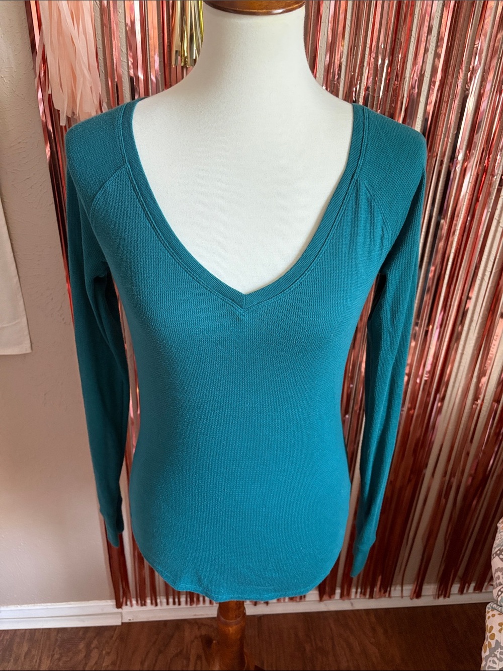 PINK Victoria's Secret Teal Long Sleeve V-Neck Thermal Top